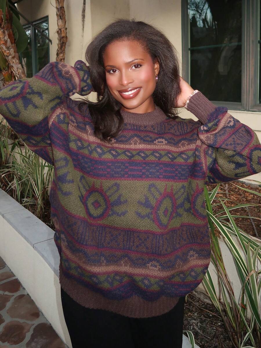 Tyla Gomez Geo Pattern Drop Shoulder Sweater, långärmade toppar - Multifärgad - Visa 1