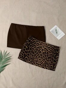 Attitoon Bộ 2 chiếc váy hai tông màu tối giản, gợi cảm, đa năng, họa tiết da báo màu nâu, thích hợp cho mùa hè. - Nhiều màu - Xem 2