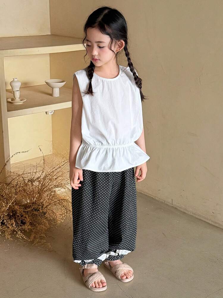 Young Girls Round Neck Solid Color Casual Ruffle Trim Sleeveless Korean Style Blouse, Spring/Summer