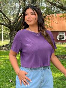 SHEIN EZwear Plus Size Solid Color Round Neck Short Sleeve Ribbed Loose Cropped T-Shirt - Purple - View 6