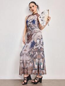 ROMWE Avant Spring/SummergraphicElegant 2-Piece Set: Chinese Style Buddha Painting Print Mandarin Collar Sleeveless Top And Skirt - Multicolor - View 6