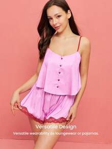 LUVLETTE Women Sexy Silky Satin Luxurious Lace Trim Pink V-Neck Camisole Top & Shorts Airy Loungewear Pajama Set Lingerie Valentine's Day Gifts