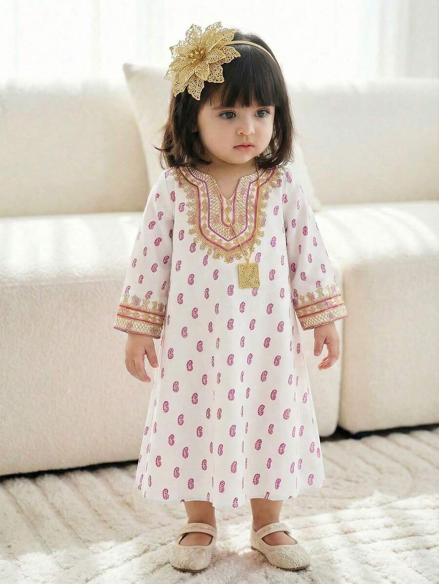 Baby Girl Loose Casual Minimalist Long Sleeve Pattern Long Dress - Multicolor - View 1