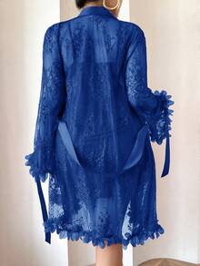 SHEIN 1 Set Plus Size Lace Robe With 3D Floral Decor + Plus Size Lace Camisole Slip Dress With Waist Cinching Design - Royal Blue - View 2