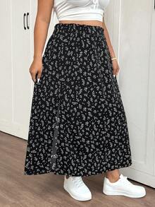 SHEIN Frenchy Plus Size Tropical Split Floral Printed Women's Skirt - Black - View 4