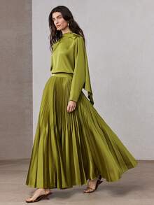 ZEYLAH 2pcs Women's Flowy Top With Pleated A-Line Midi Skirt Set, Spring - Olive Green - View 1