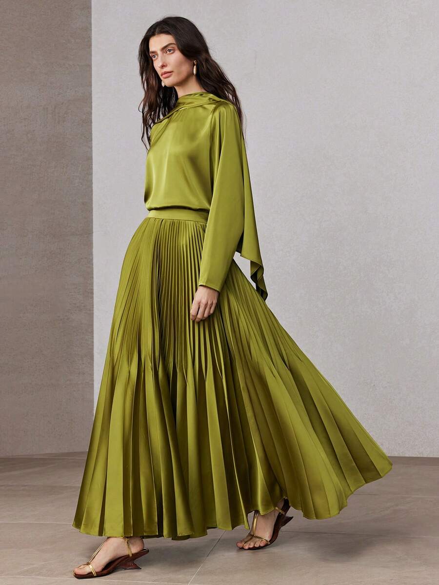 ZEYLAH 2pcs Women's Flowy Top With Pleated A-Line Midi Skirt Set, Spring - Olive Green - View 1