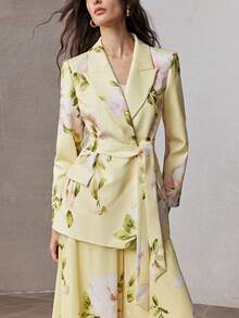 ZEYLAH Floral Print Cinched Waist Fitted Blazer Jacket, Spring - Light Yellow - View 4