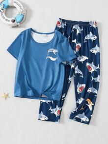 2pcs Young BoyCasual Blue Top And Shark Print Soft Comfortable Pajama Set - Multicolor - View 1