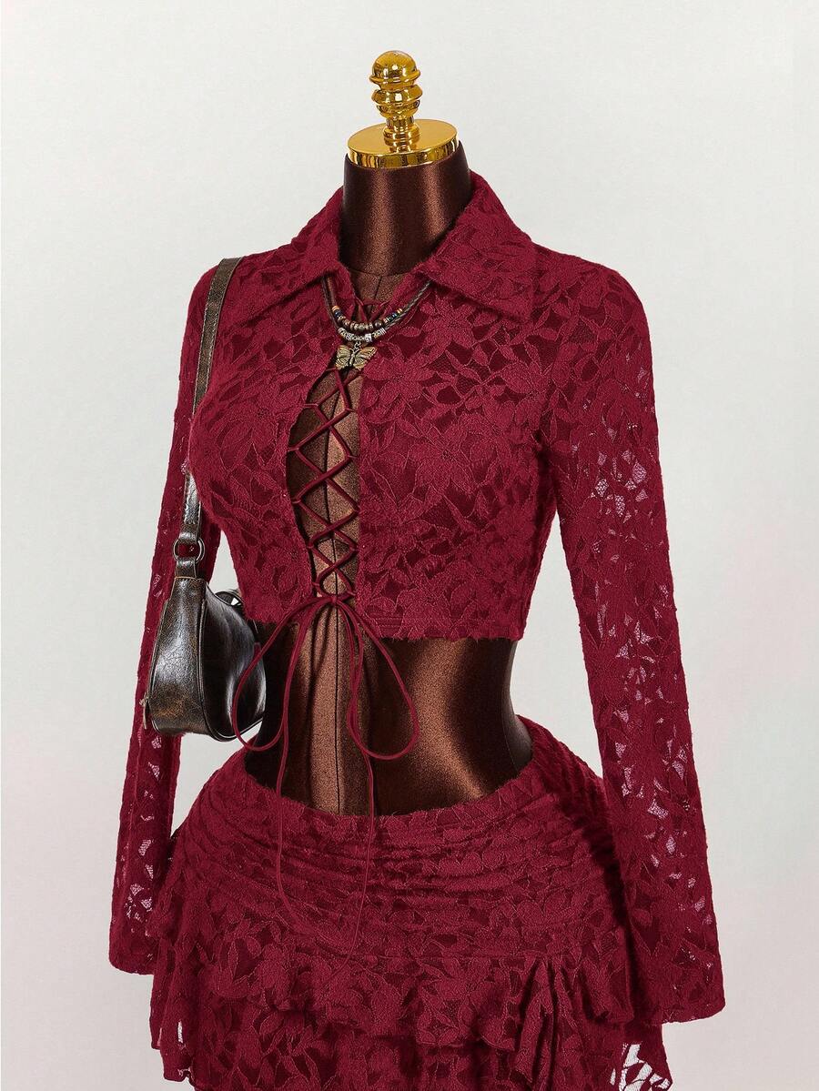 Amplova Áo kiểu cổ điển chất liệu voan mỏng, buộc dây phía trước, thích hợp cho các lễ hội âm nhạc và tiệc tùng. - Màu Đỏ Sâu - Xem 1