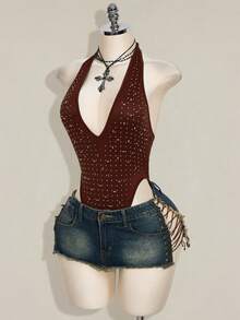 SHEIN ICON Rhinestone Halter Backless Bodysuit, Sexy Tight Fit Sleeveless For Women - Brown - View 3