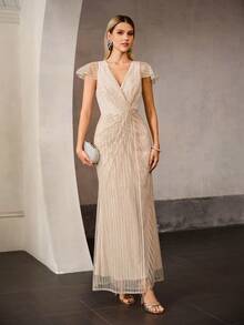 MOTF Soiréza WOMEN'S SEQUINS MESH OVERLAY CAP SLEEVE FORMAL PARTY DRESS - Champagne - View 4