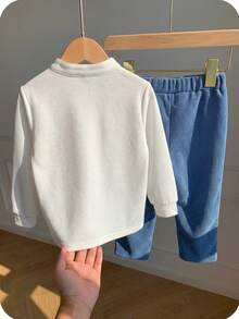 SHEIN 2件套男婴休闲可爱菱格纹长袖polo衫和蓝色裤子（含腰带），男婴服装，套装