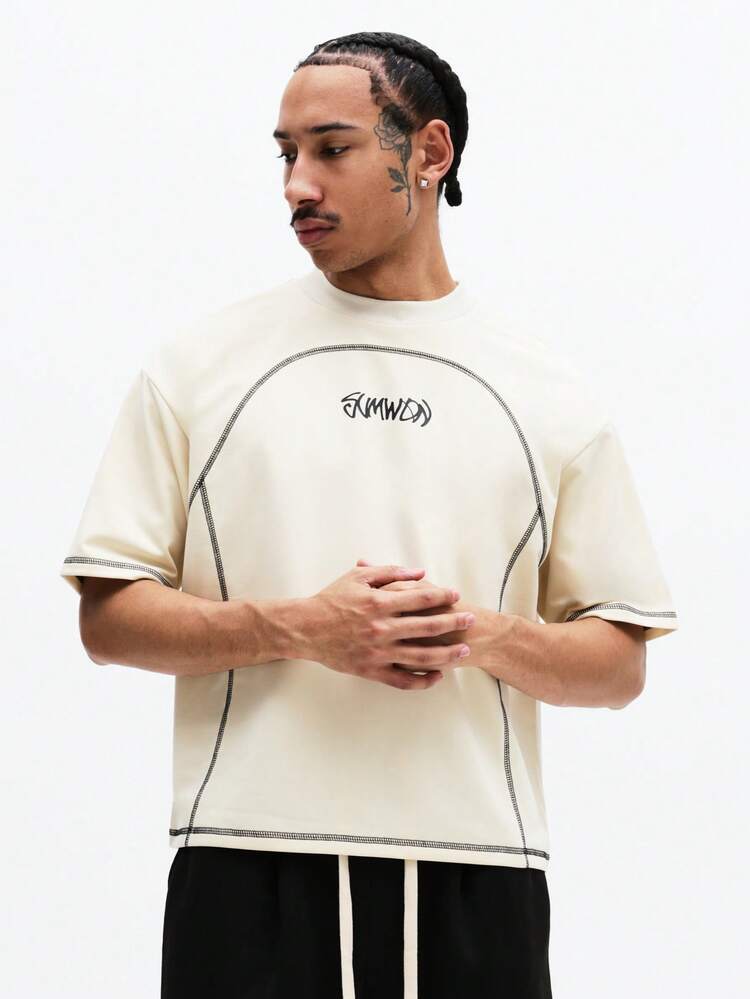 円形コントラストステッチのオーバーサイズクルーネックTシャツ