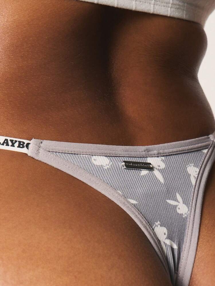 Missguided x Playboy Ribbed Thong Underwear With Bunny Logo Print And Elasticated Waistband For Everyday Comfort
