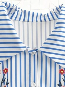 GlowEve CURVE 大码女式夏季短袖条纹印花衬衫，前襟纽扣，腰部系带 - 藍色 - 查看 4