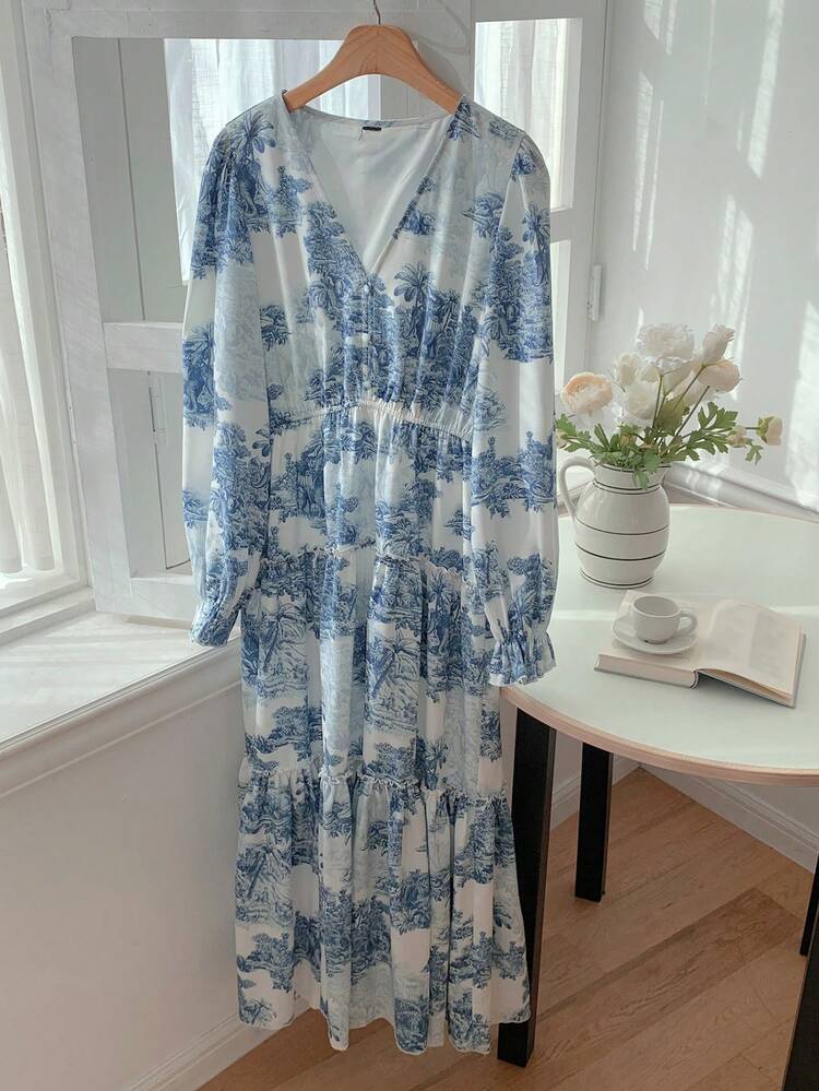 Women's Elegant Palm Tree Print V-Neck Long Sleeve Dress, Vacation Sundress Boho