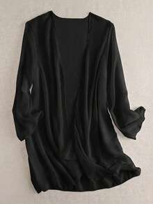 Swim Basics 女士纯色长袖休闲和服罩衫 - 黑色 - 查看 4