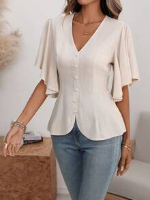 EMERY ROSE 女士纯色亚麻V领纽扣装饰鱼尾下摆泡泡袖衬衫，杏色，优雅复古法式风格，适合办公室、通勤、商务、休闲、度假、下午茶、街头等场合，简约百搭，展现澳洲休闲、波西米亚风情，日常休闲，春夏新款 - 杏色 - 查看 4