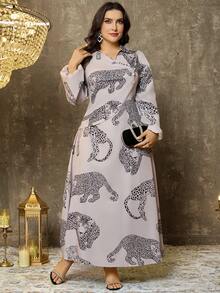 EMERY ROSE 大码女式休闲简约长袖连衣裙，日常穿着连衣裙，女式长袖豹纹连衣裙，女式设计师连衣裙，图案女式连衣裙，女式长款连衣裙，优雅女式连衣裙 - 杏色 - 查看 5