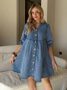 SHEIN Maternity Casual Washed Front Button Notched Neck Denim Dress Spring To Summer Valentine's Day Carnival Costume Commuting Vacation Graduation Chic Y2k Cute Streetwear Coquette Party Wedding Elegant Business Casual Woman Chic Women's Denim Swing Dress V Neck Button Front Maternity Style With 3 4 Gathered Sleeves - Blue - View 6