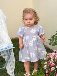 LMoss Kids Đầm casual tay phồng họa tiết hoa nhí cho bé gái - Xanh và trắng - Xem 4