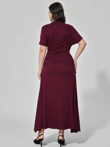 Maija Plus Size Women Burgundy Solid Stand Collar Short Sleeve Ruched Pleated Elegant Maxi Dress, Summer Wedding Party Beach Vacation Casual Outfit - Brown - View 2