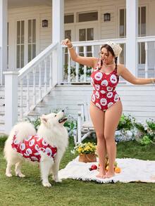 Swim Mod Plus Size Women's Cute Cherry Print Sweet & Casual One-Piece Swimsuit, Suitable For Daily Wear And Vacation - Multicolor - View 1