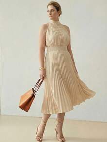 MOTF PREMIUM PLUS SIZE SOLID HALTER TIE BACK SHIRRED WAIST PLEATED DRESS - Apricot - View 6