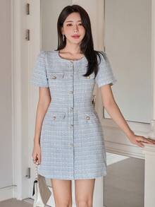 DAZY 女士优雅假口袋夏季迷你连衣裙婚礼宾客礼服 - 藍色 - 查看 4