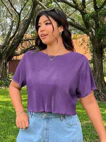 SHEIN EZwear Plus Size Solid Color Round Neck Short Sleeve Ribbed Loose Cropped T-Shirt - Purple - View 5