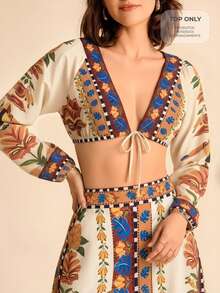 CAJUNI Women's Casual Tropical Resort Leopard, Coconut Tree, Parrot Orange Print V-Neck Long Sleeve Tie Front Crop Top, Elegant Blouse, Outerwear, Autumn, Boho Blouses, Resort Wear Women, - Orange - View 5