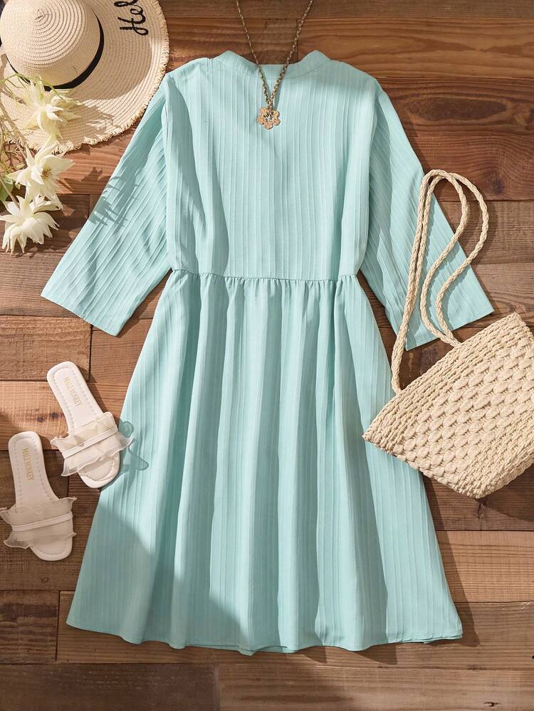 Plus Size Women's Solid Color Single-Breasted Casual Loose Dress For Summer/ Vacation  Summer Dress  Summer Outfits Summer Clothes Spring Dress Spring Outfit Women Spring Clothing Country Style For Women Country Dress For Women Summer Dress With Sleeve Modest Summer Dress Picnic Dress For Woman Cottagecore Dress