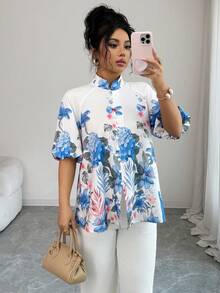 Elenzga Camisa de mujer de manga corta, cuello alto, estilo suelto y abierto delantero, con estampado de posicionamiento romántico, elegante, de moda, cómoda y casual para uso diario y vacaciones (estampado de posicionamiento aleatorio) - Azul - Ver 7