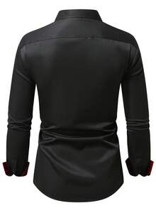 Manfinity Bizformal 男士奢華黑紅拼接襯衫，時尚休閒正裝襯衫，適合秋季派對，防皺長袖鈕扣商務設計師上衣，儀式穿搭 - 黑色 - 查看 2