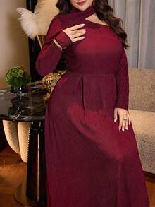 Modelyn Plus Size Women's Burgundy Autumn Elegant Formal Wedding Guest Dress,Asymmetric Collar Knit Textured Long Sleeve A-Line Pleated Modest Maxi Dress - Burgundy - View 1