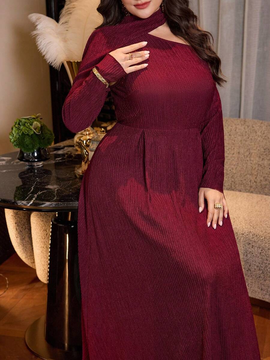 Modelyn Plus Size Women's Burgundy Autumn Elegant Formal Wedding Guest Dress,Asymmetric Collar Knit Textured Long Sleeve A-Line Pleated Modest Maxi Dress - Burgundy - View 1