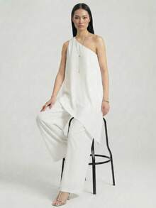 Ontre Bộ quần áo nữ 4 mùa Thu/Đông 2025: Trang phục mùa thu, trang phục mùa đông, trang phục đi học, trang phục Halloween, trang phục Giáng sinh, trang phục giáo viên, trang phục đi chơi tối - Áo lệch vai không tay & quần nữ, trang phục công sở thường ngày. - trắng - Xem 1