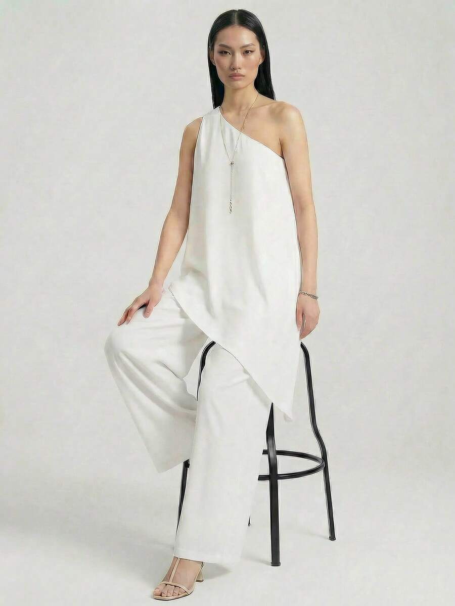 Ontre Bộ quần áo nữ 4 mùa Thu/Đông 2025: Trang phục mùa thu, trang phục mùa đông, trang phục đi học, trang phục Halloween, trang phục Giáng sinh, trang phục giáo viên, trang phục đi chơi tối - Áo lệch vai không tay & quần nữ, trang phục công sở thường ngày. - trắng - Xem 1