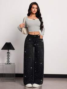 SHEIN Tall 春夏女士派对嘉年华情人节时尚闪亮水钻设计中腰直筒宽松休闲亮面牛仔裤 - 黑色 - 查看 5