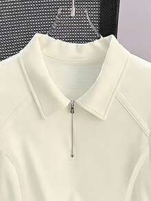 Resyla Half-Zip Polo Collar Short Sleeve T-Shirt, Pleated Shoulder, Waist Cinched, Cropped Top - White - View 4