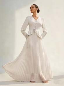 Graceveil Women's Ruffle Tie-Up Pleated V-Neck Dress - Apricot - View 1