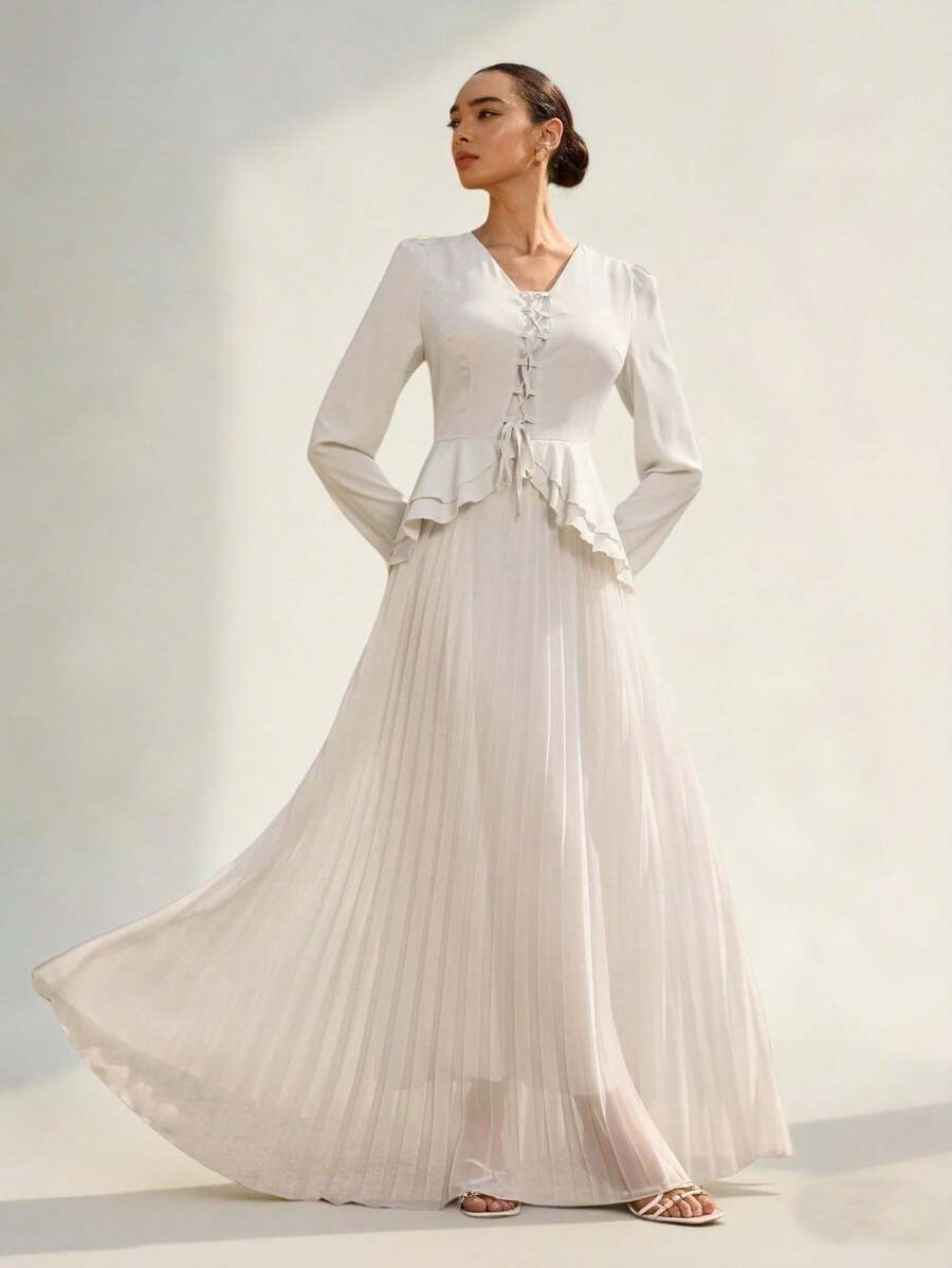 Graceveil Women's Ruffle Tie-Up Pleated V-Neck Dress - Apricot - View 1