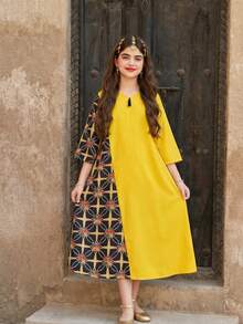 Robe décontractée de style arabe moyen-oriental pour préadolescentes, motif patchwork, jaune vif, convient pour les vacances, les sorties et les voyages - Jaune citron - Voir 3