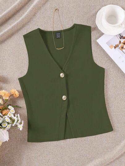 SHEIN EZwear Casual Solid Color Knit V-Neck Sleeveless Fitted Women Vest