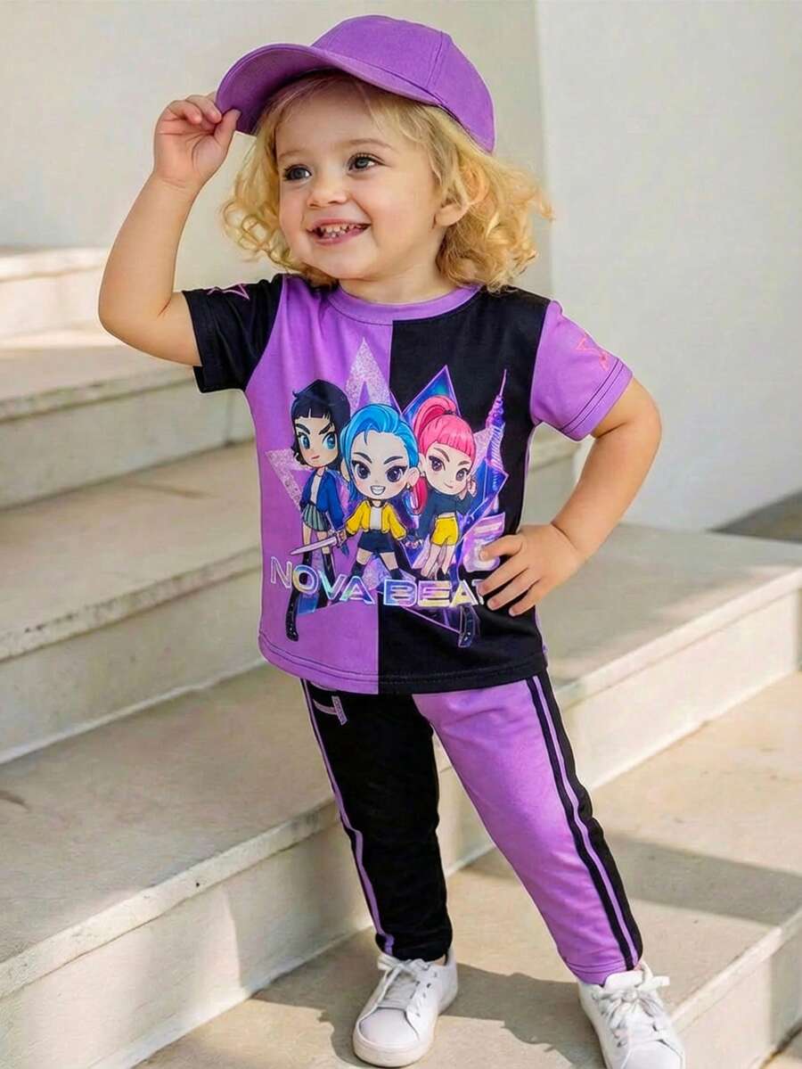 SHEIN Baby Girl Cartoon Letter Print Round Neck Short Sleeve T-Shirt And Pants Casual Outfit - Purple - View 1