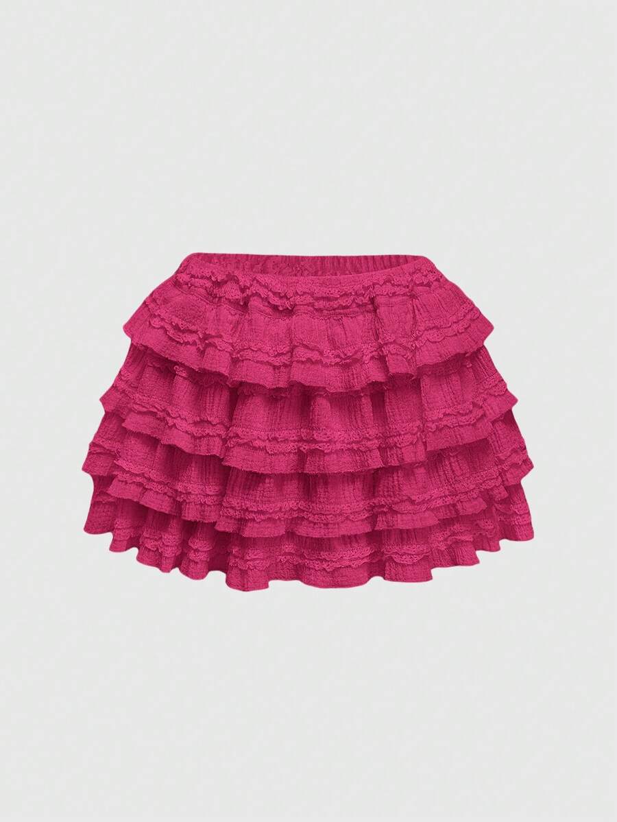 ROMWE Kawaii Summervalentine's DayWhite Y2K Textured Fabric Sweet Cake Hem Patchwork Women's Low Waist Mini Skirt, Versatile For Multiple Occasions, Autumn/Winter - Hot Pink - View 1