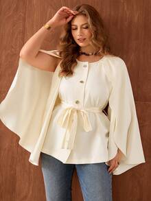 Roveilla Áo maxi dài tay cổ tròn, tay dài, phong cách Pháp thanh lịch dành cho nữ, thích hợp đi làm và đi nghỉ mát, lãng mạn, cao cấp, kiểu vintage thắt eo phía trước, trang trí kim loại, dành cho mùa xuân/thu. - Màu be - Xem 3