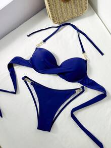 Swim SXY Set bikini a fascia con catena e ferretto, colore unito, da donna - Blu Navy - Visualizzare 2