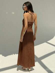 Aloruh Đầm dài xếp ly hở lưng màu sâm panh mới, kiểu dáng tối giản, trang trí quả cầu kim loại, dáng rộng và tôn dáng. - Cà phê nâu - Xem 2